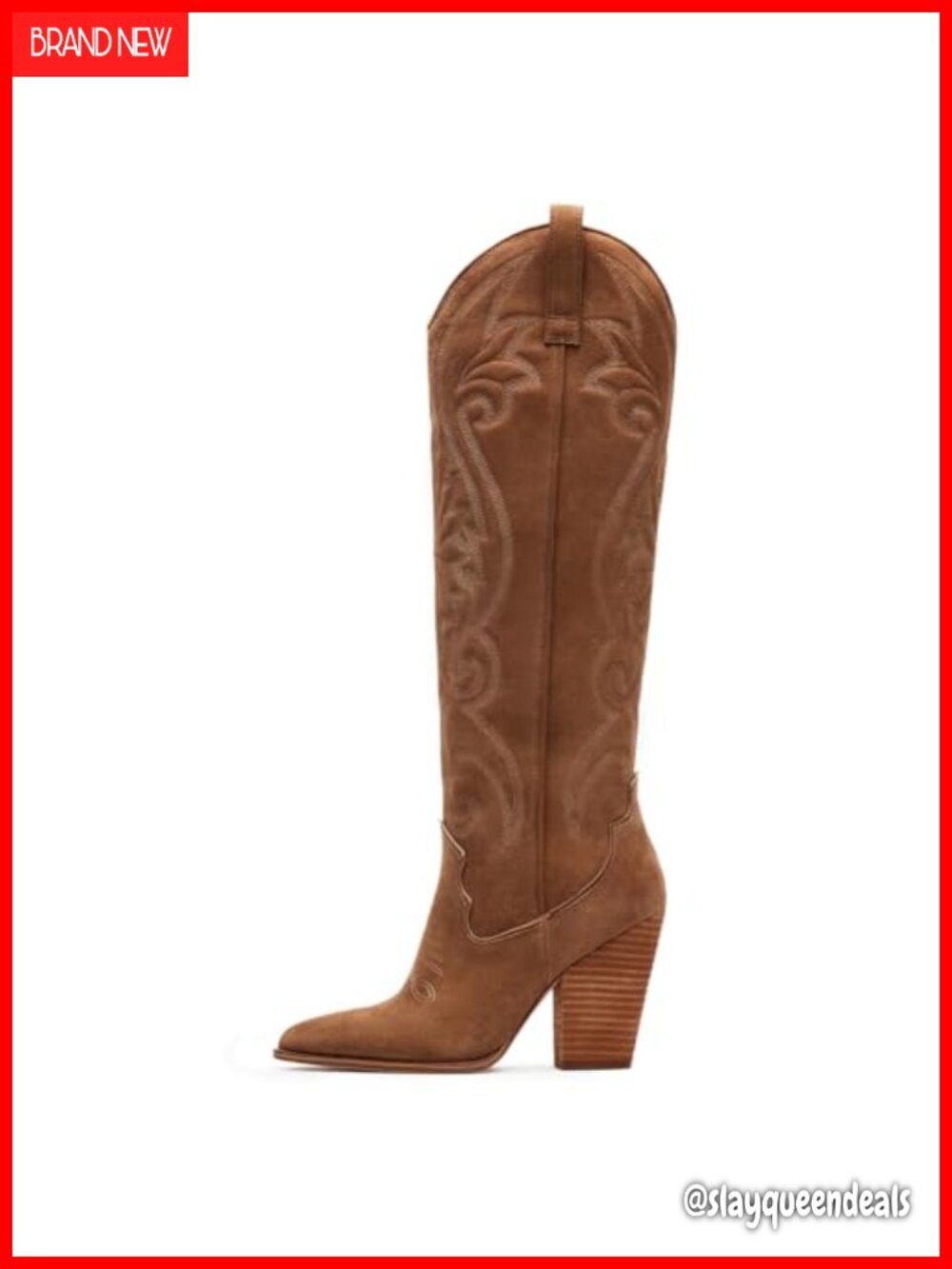 Knee High Cowboy Boots Pointed Toe Chunky Heel Embroidered Wide Calf